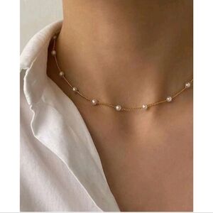 NEW! Anthropologie Trendy Delicate Petite Pearl Station Gold Necklace